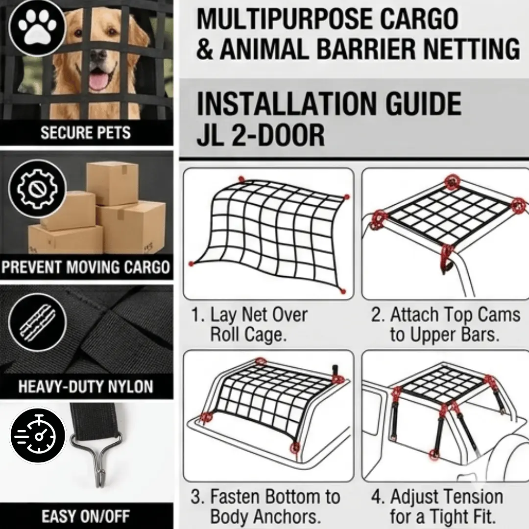 For 2018+ Jeep Wrangler JL 2-Door 3pcs Side Cargo Luggage Mesh Net Kit - Image 7