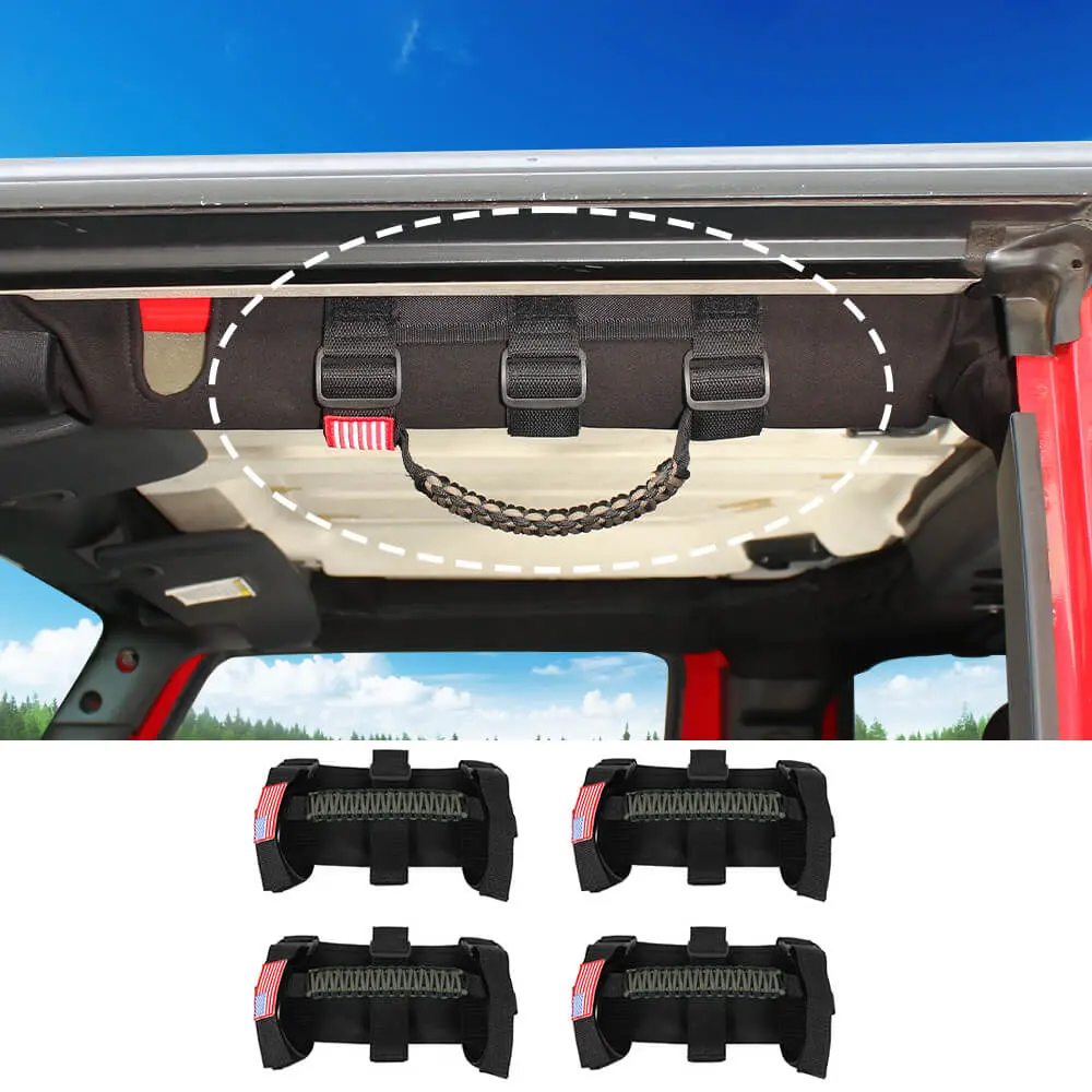For Jeep Wrangler CJ LJ YJ TJ JK JL & Gladiator JT 4 x Roll Bar Paracord Grab Grip Handle with USA Flag - Image 14