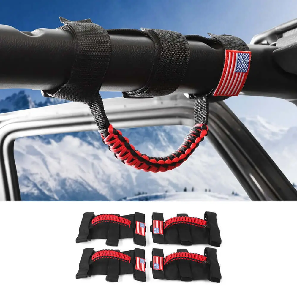 For Jeep Wrangler CJ LJ YJ TJ JK JL & Gladiator JT 4 x Roll Bar Paracord Grab Grip Handle with USA Flag - Image 18