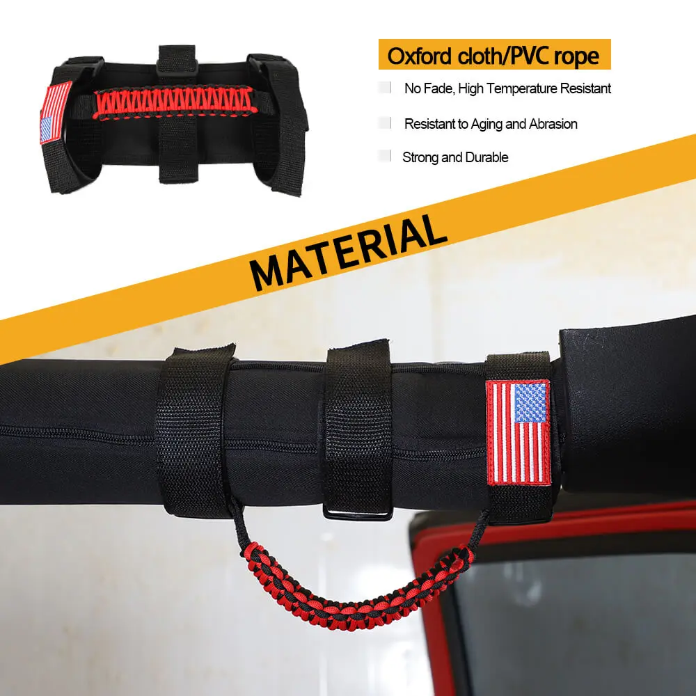 For Jeep Wrangler CJ LJ YJ TJ JK JL & Gladiator JT 4 x Roll Bar Paracord Grab Grip Handle with USA Flag - Image 5