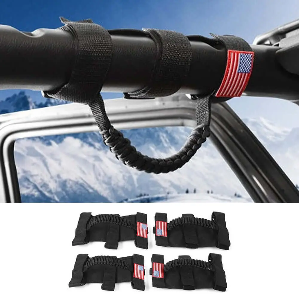 For Jeep Wrangler CJ LJ YJ TJ JK JL & Gladiator JT 4 x Roll Bar Paracord Grab Grip Handle with USA Flag - Image 9