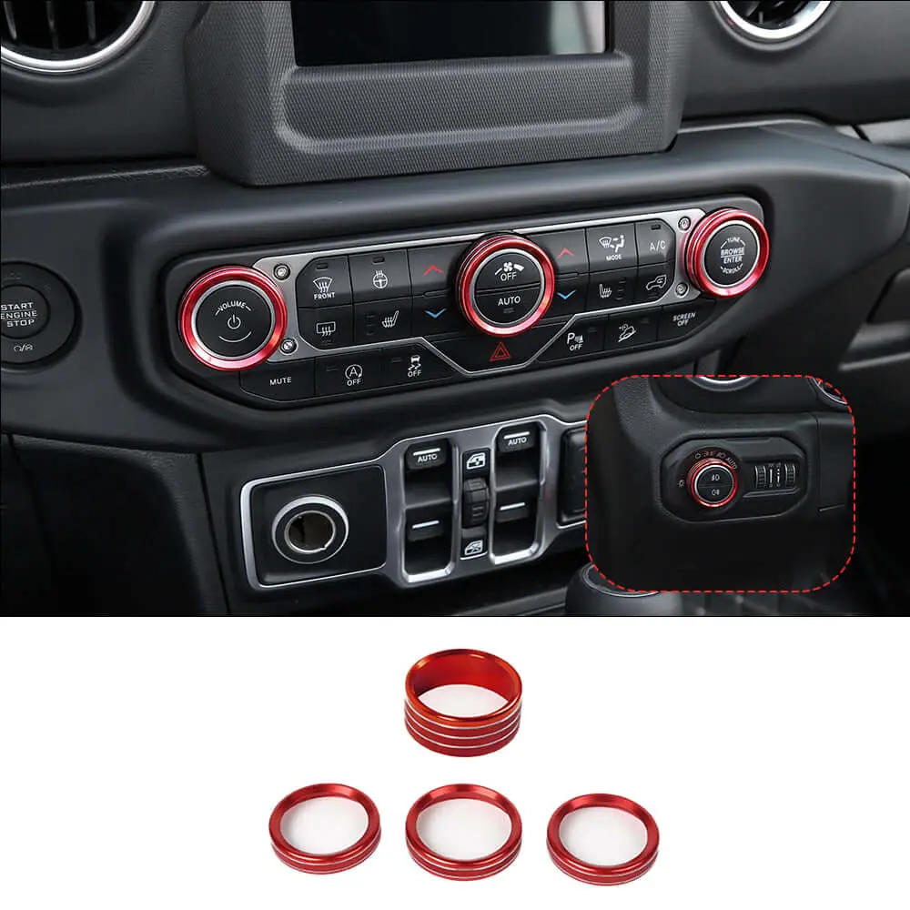 For 2018+ Jeep Wrangler JL JLU & Gladiator JT Climate Control A/C & Headlight Switch Knob Trim – Aluminum Alloy Accent Rings Style A/B/C