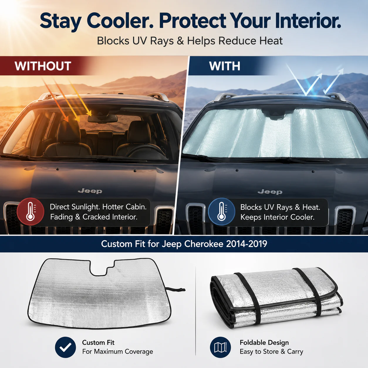 For 2014+ Jeep Cherokee Car Windshield Sunshade, Front Window Sun Shade Foldable Sun Visor Sunscreen - Image 3