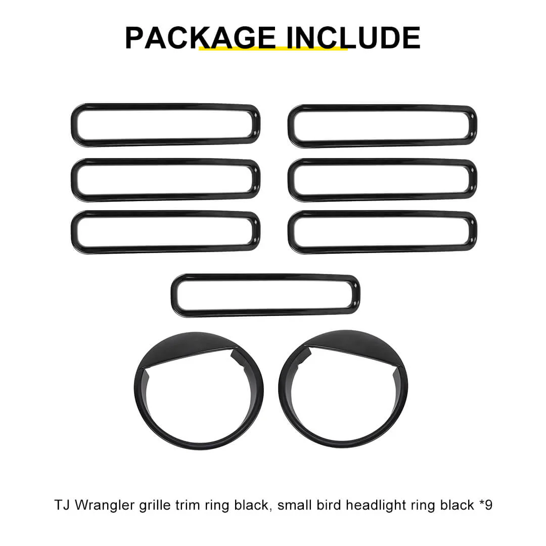 For 1997-2006 Jeep Wrangler TJ Exterior Front Headlight Bezels Grille Insert Trim Cover Kit (9 pcs) - Image 11