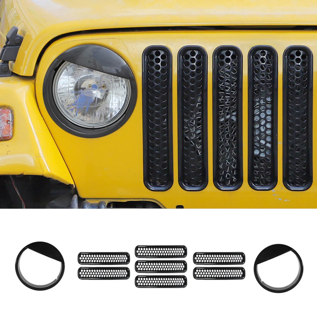For 1997-2006 Jeep Wrangler TJ Exterior Front Headlight Bezels Grille Insert Trim Cover Kit (9 pcs) - Image 12