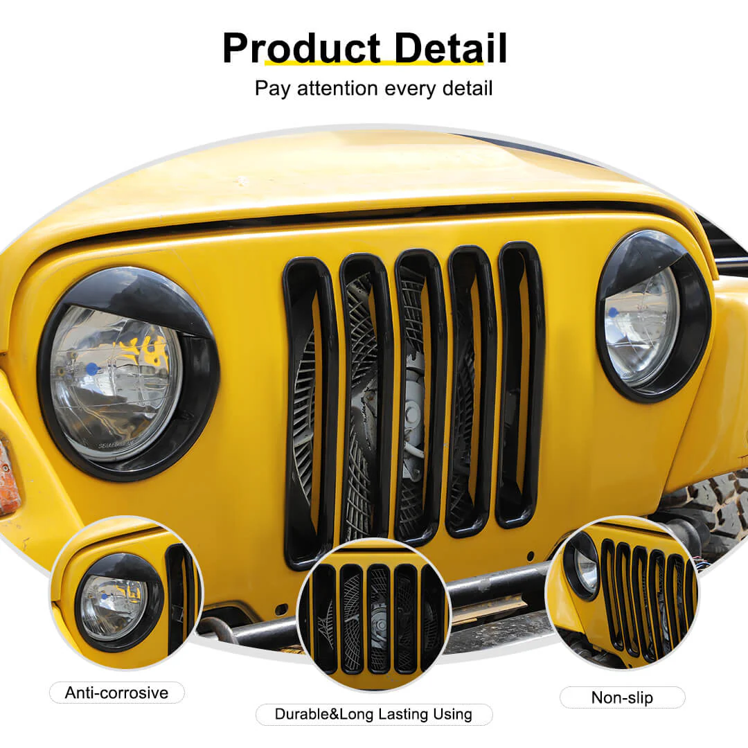 For 1997-2006 Jeep Wrangler TJ Exterior Front Headlight Bezels Grille Insert Trim Cover Kit (9 pcs) - Image 7
