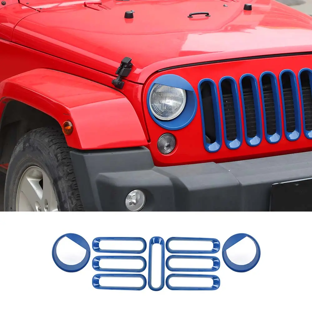 For 2007-2018 Jeep Wrangler JK Front Grille Insert & Angry Eyes Headlight Bezels Trim