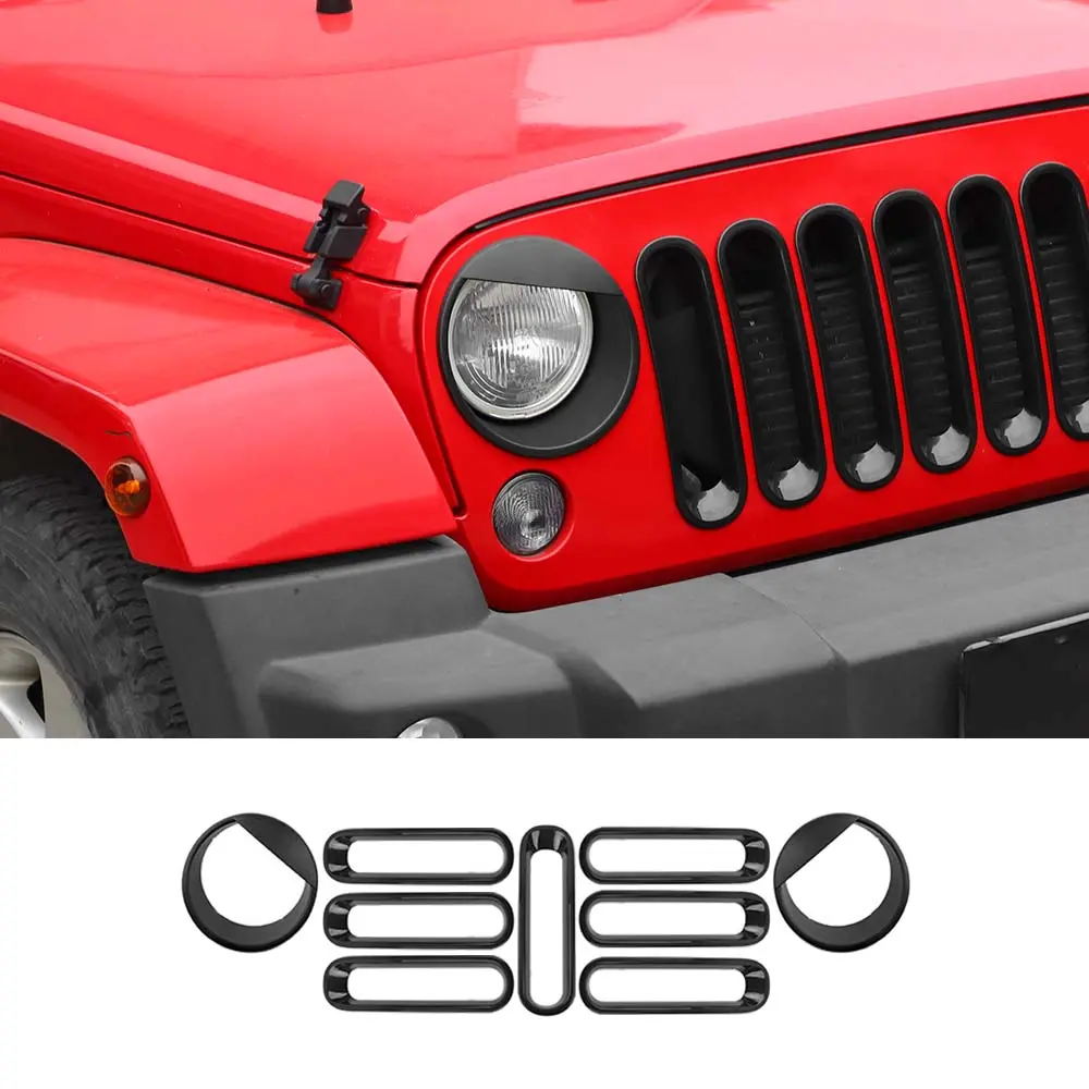 For 2007-2018 Jeep Wrangler JK Front Grille Insert & Angry Eyes Headlight Bezels Trim - Image 14