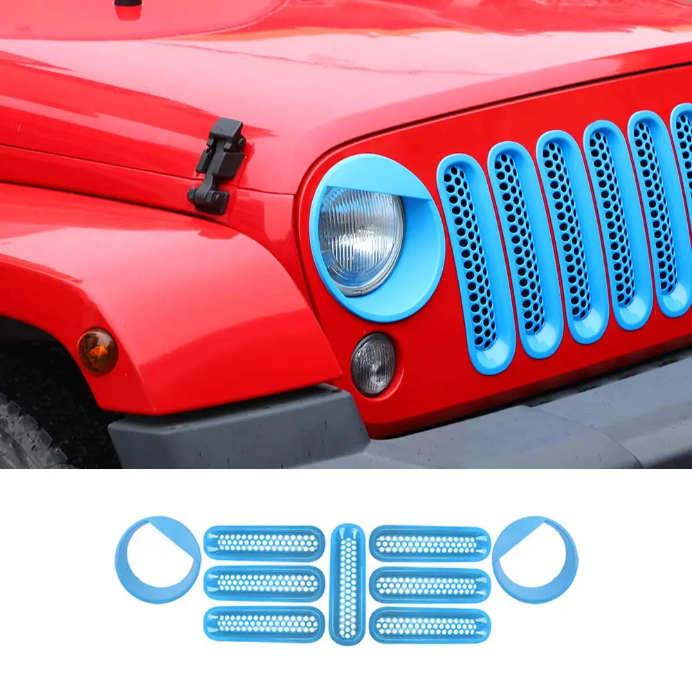 For 2007-2018 Jeep Wrangler JK Upgrade Front Honeycomb Mesh Grille & Angry Eyes Headlight Bezels Trim - Image 9