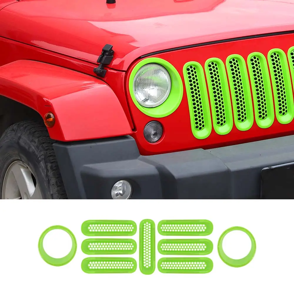 For 2007-2018 Jeep Wrangler JK Upgrade Front Honeycomb Mesh Grille+Front Headlight Inserts Trim Bezels
