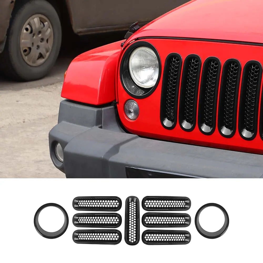 For 2007-2018 Jeep Wrangler JK Upgrade Front Honeycomb Mesh Grille+Front Headlight Inserts Trim Bezels - Image 12