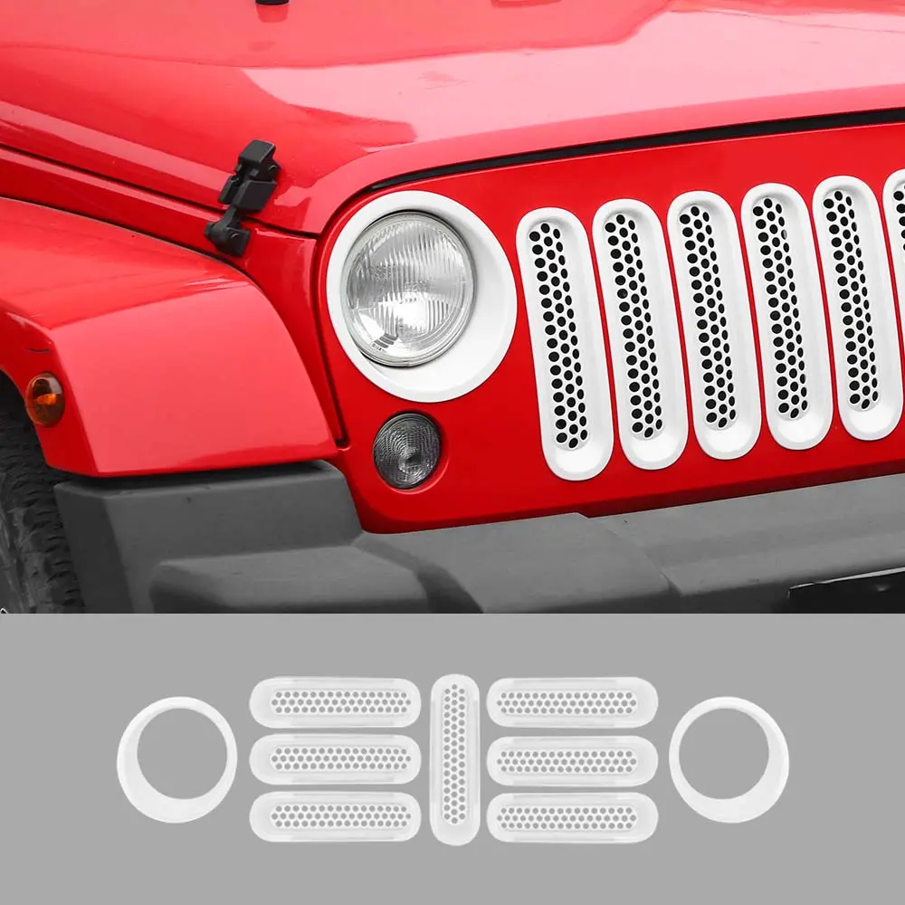 For 2007-2018 Jeep Wrangler JK Upgrade Front Honeycomb Mesh Grille+Front Headlight Inserts Trim Bezels - Image 17