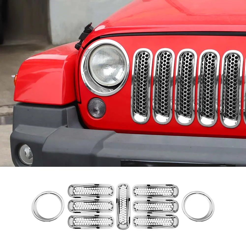 For 2007-2018 Jeep Wrangler JK Upgrade Front Honeycomb Mesh Grille+Front Headlight Inserts Trim Bezels - Image 18