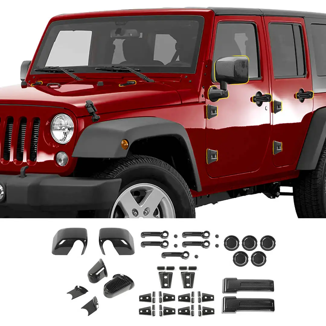For the 2007–2018 Jeep Wrangler JK Door Handles, Hinges, and Mirror Exterior Full Covers Trim Kit Accessories (53 pcs)