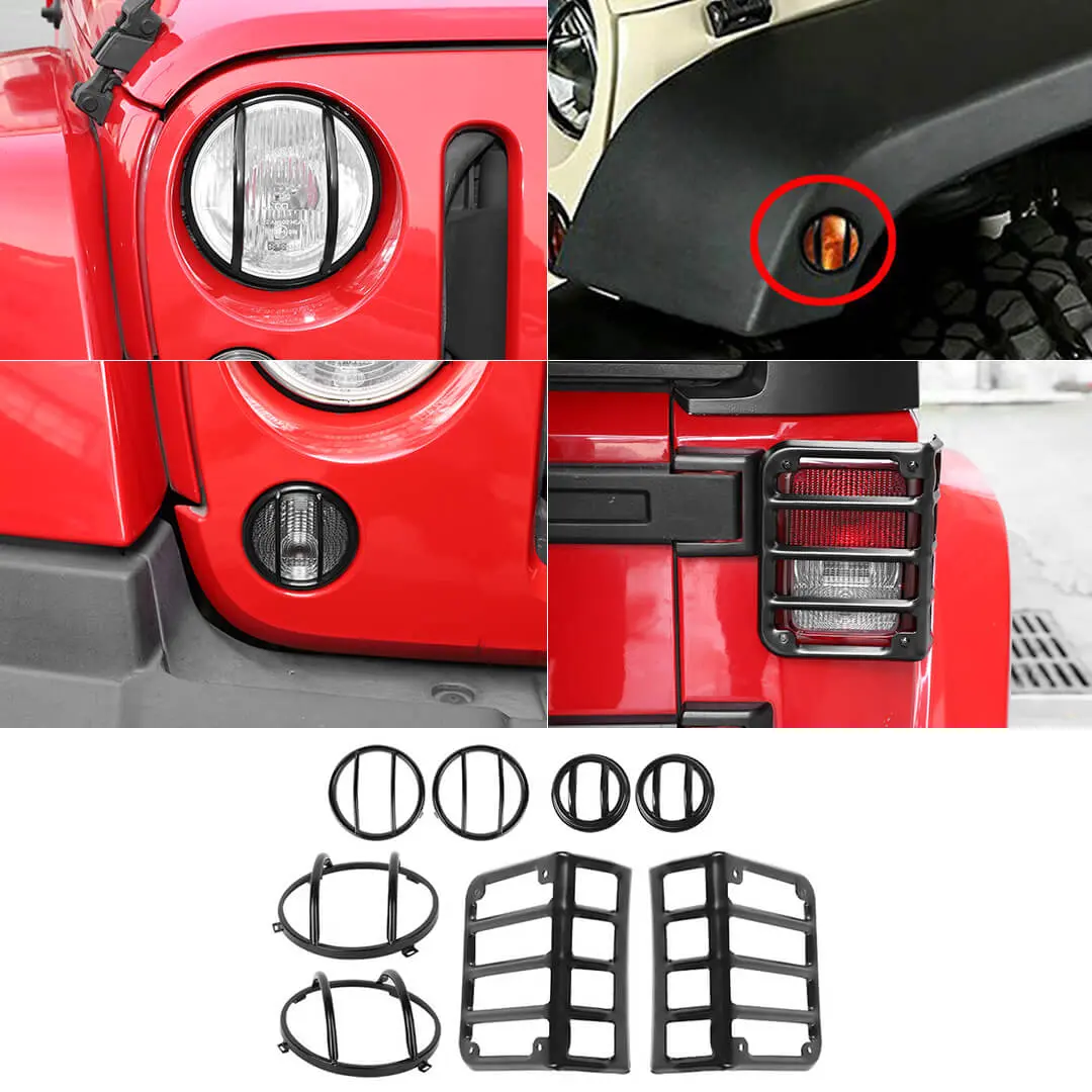 For 2007-2018 Jeep Wrangler JK Front Headlight & Eyebrow Turn Signal Rear Tail light Cover Guard Trim Kit (8 pcs)