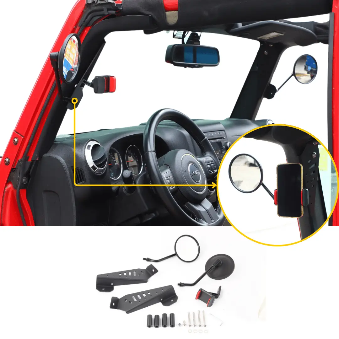 For 2007-2018 Jeep Wrangler JK JKU Door Off Mirrors Rear View Quick Release Mirrors with Phone Holder Mount