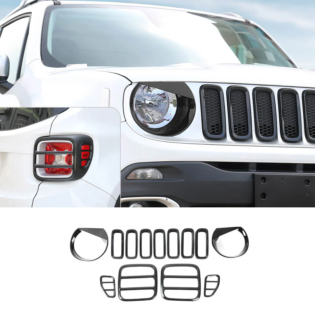 For 2016-2018 Jeep Renegade Exterior Front Headlight & Grille Insert & Rear Tail Light Cover Trim Kit (13 pcs)