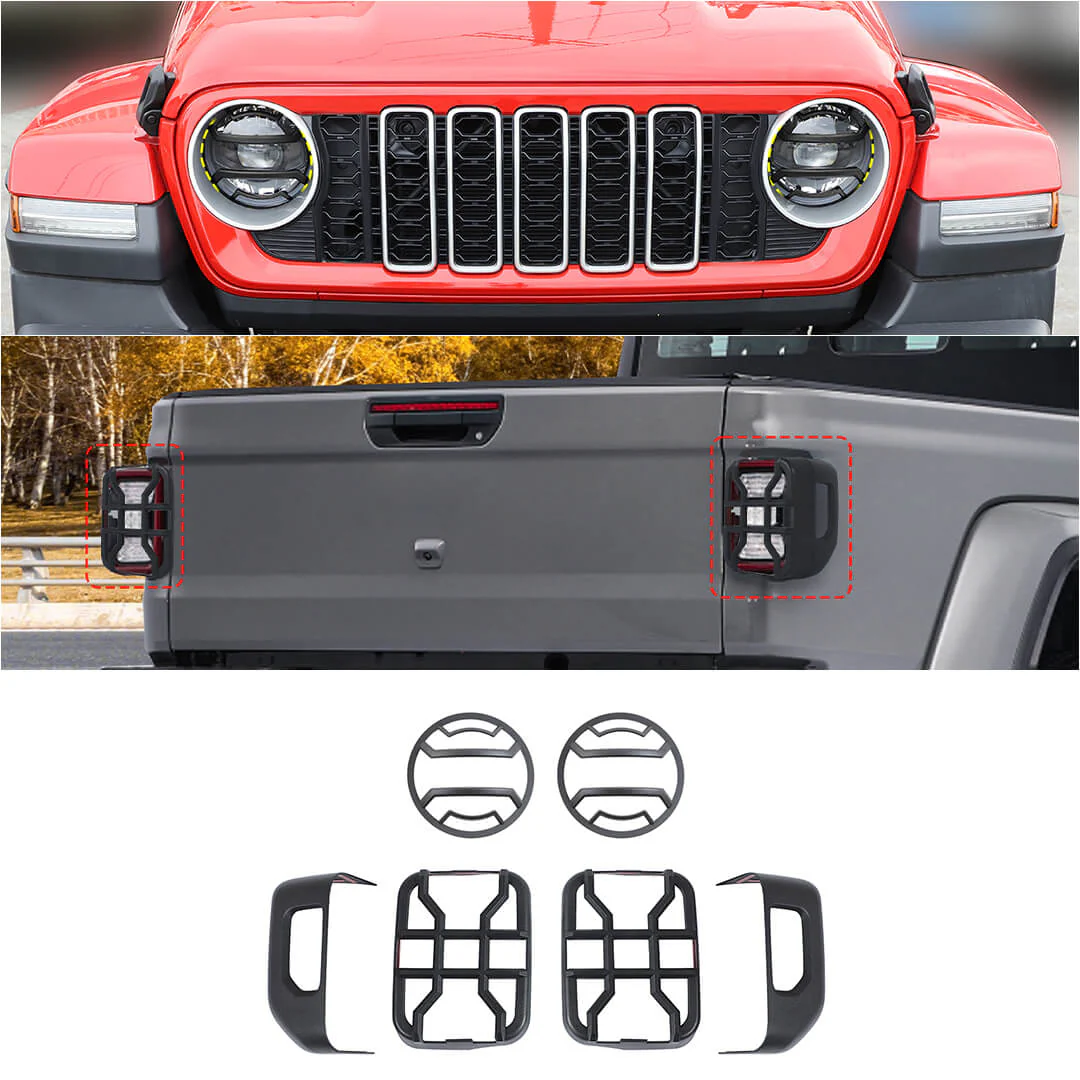 For 2018+ Jeep Gladiator JT Car Rear Halogen Lamp Taillight & Front Headlight Decor Cover Trim Kit (6 pcs)