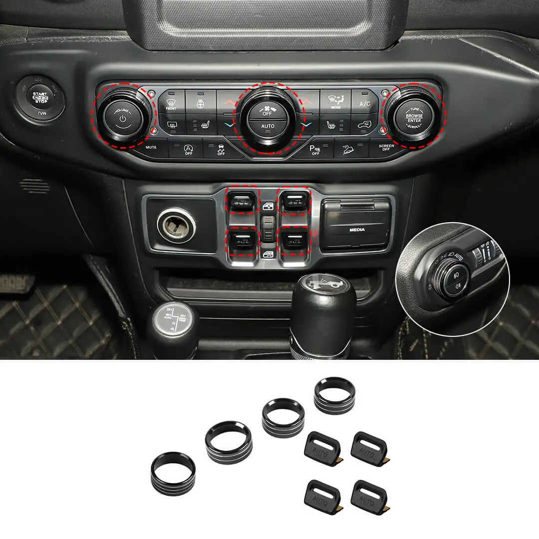 For 2018+ Jeep Wrangler JL & Gladiator JT Center Console Air Con Headlight Switch Window Control Knob Trim (8 pcs)