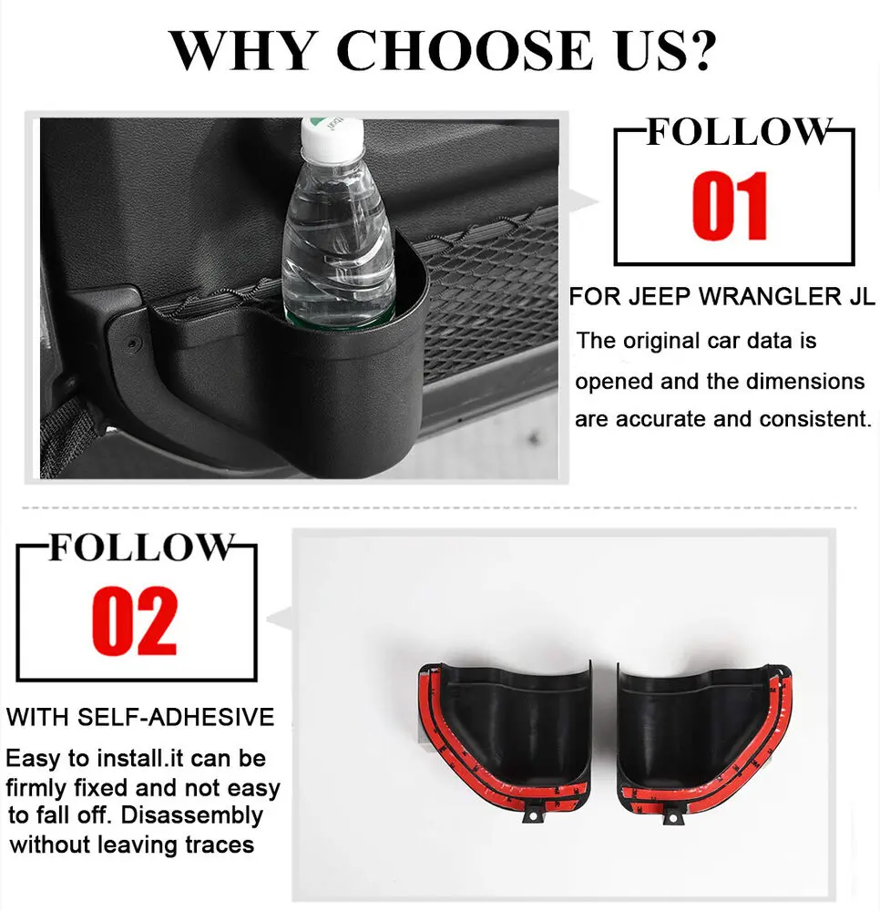 For 2018+ Jeep Wrangler JL Gladiator JT Front & Rear Door Net Replacement Door Pocket Map Storage Box Organizer Cup Holder - Image 9