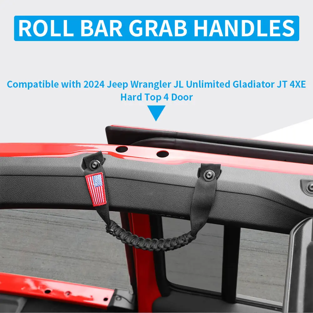 For 2024+ Jeep Wrangler JL/Gladiator JT 2 x Roll Bar Roof Top Paracord Grab Handles Grip US Flag - Image 9