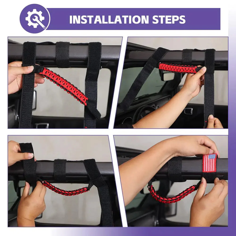 For Jeep Wrangler JK JL JT Roll Bar Paracord Grab Handles with LED Light US Flag- 2Pack - Image 6