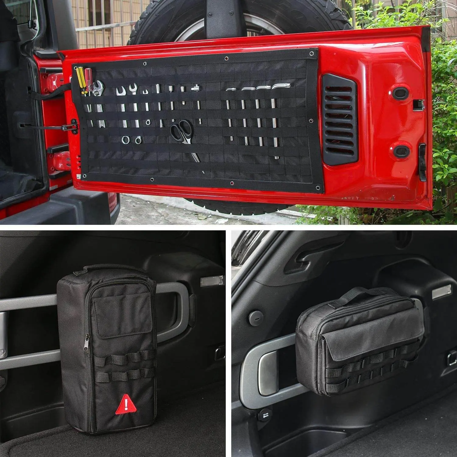 For Jeep Wrangler JK JL Tailgate Tool Kit Storage Bag Organizer Racks Canvas 3PCS - Image 4