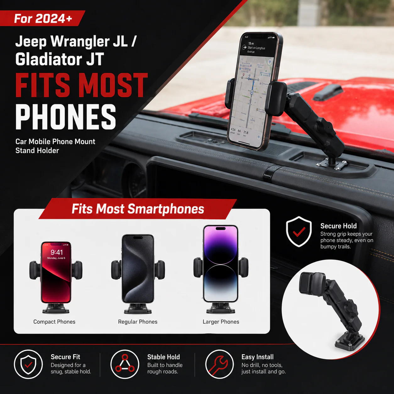 For 2024+ Jeep Wrangler JL/Gladiator JT Car Mobile Phone Mount Stand Holder - Image 5
