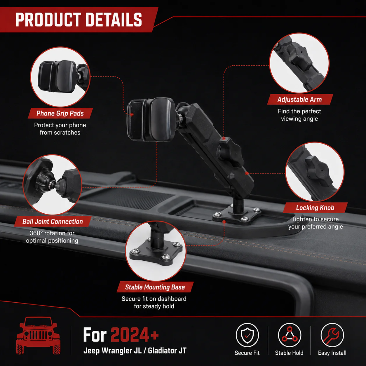 For 2024+ Jeep Wrangler JL/Gladiator JT Car Mobile Phone Mount Stand Holder - Image 6