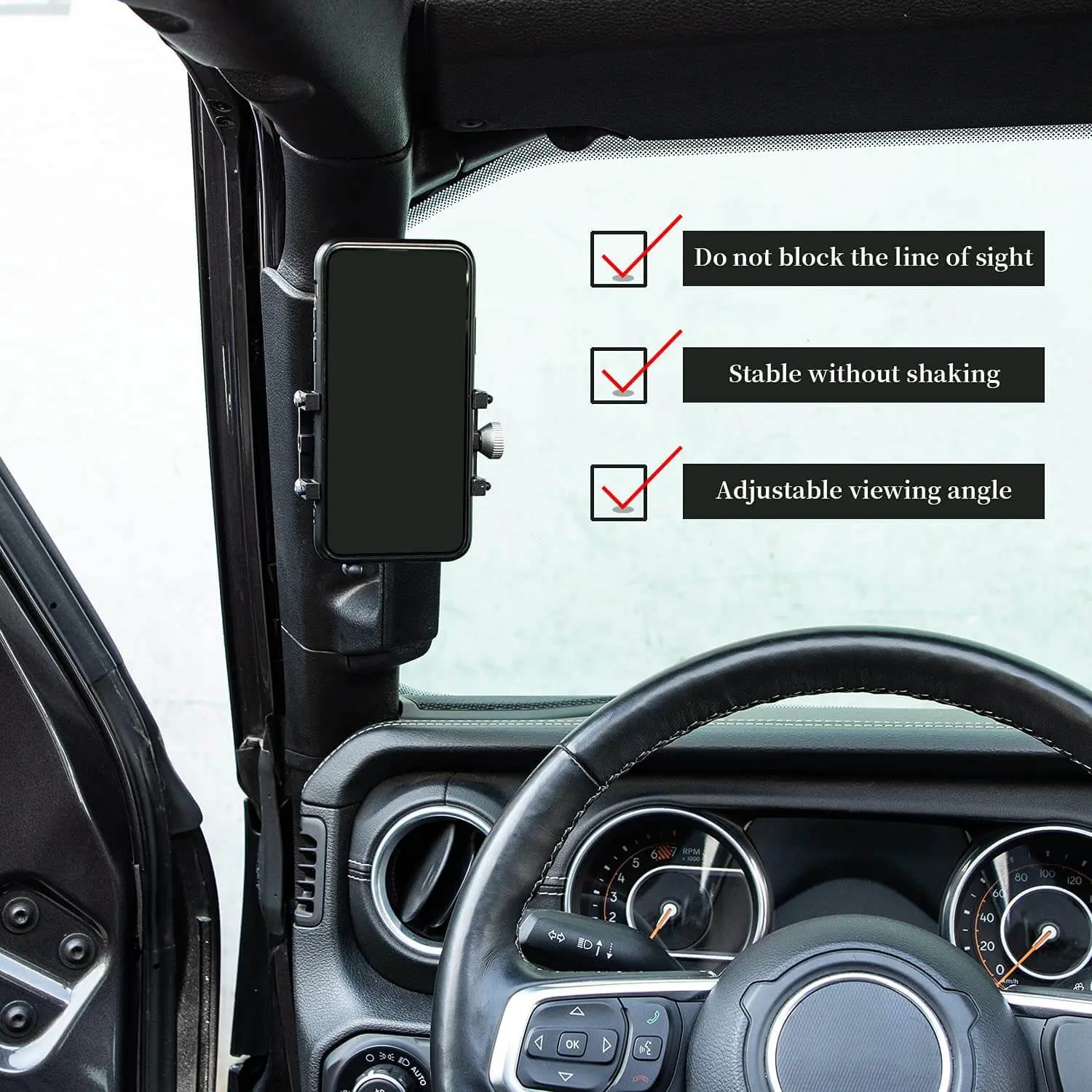 For 2018-2023 Jeep Wrangler JL JLU & Gladiator JT A-Pillar Grab Handle Adjustable Metal Phone Holder Anti-Shake Phone Mount - Image 5