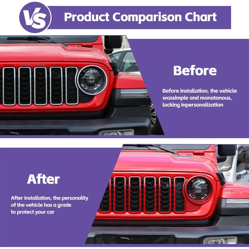 For 2024+ Jeep Wrangler JL/Gladiator JT Grille Insert+Front Headlight Bezels+ Center Mesh Trim Piece - Image 2