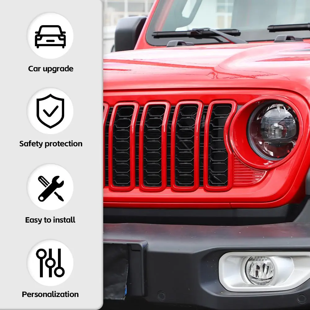 For 2024+ Jeep Wrangler JL/Gladiator JT Grille Insert+Front Headlight Bezels+ Center Mesh Trim Piece - Image 6