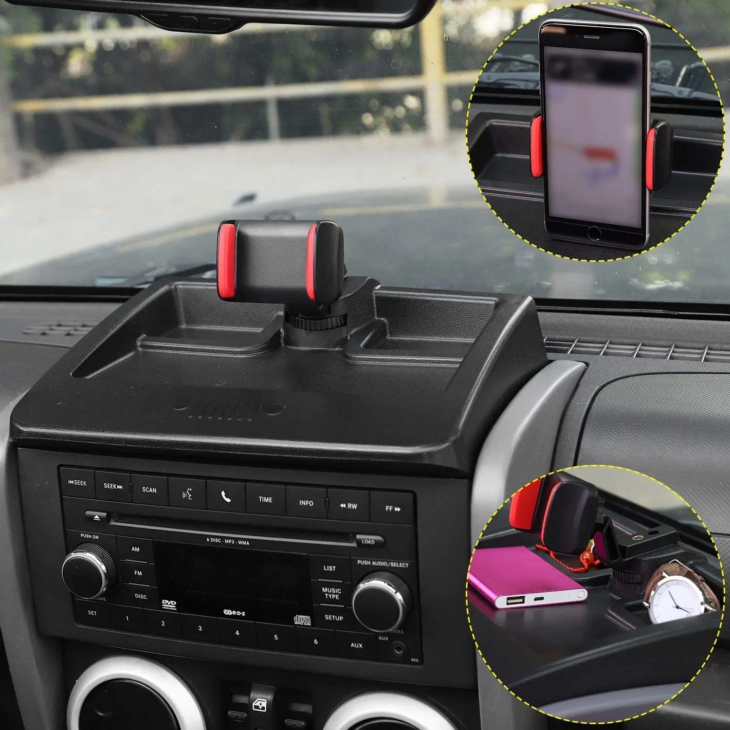 For 2007-2010 Jeep Wrangler JK JKU Dash Multi-Mount Phone Holder With Storage Tray - Image 2