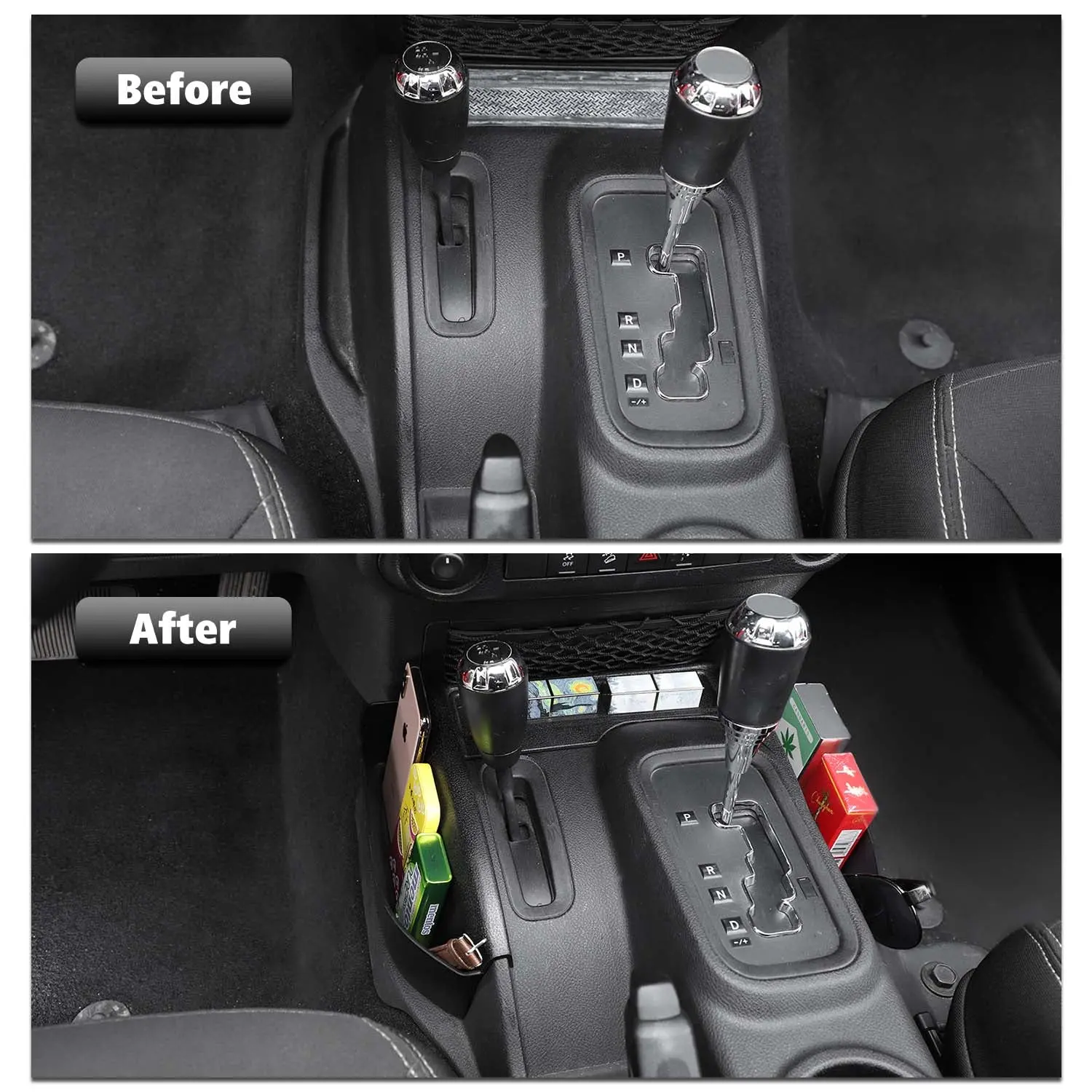 For 2011-2018 Jeep Wrangler JK JKU Gear Shift Center Console Storage Box Side Tray Organizer, Reserved USB Charger Extender Slot - Image 2