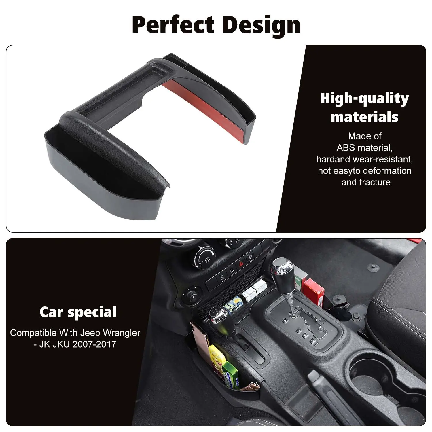 For 2011-2018 Jeep Wrangler JK JKU Gear Shift Center Console Storage Box Side Tray Organizer, Reserved USB Charger Extender Slot - Image 5