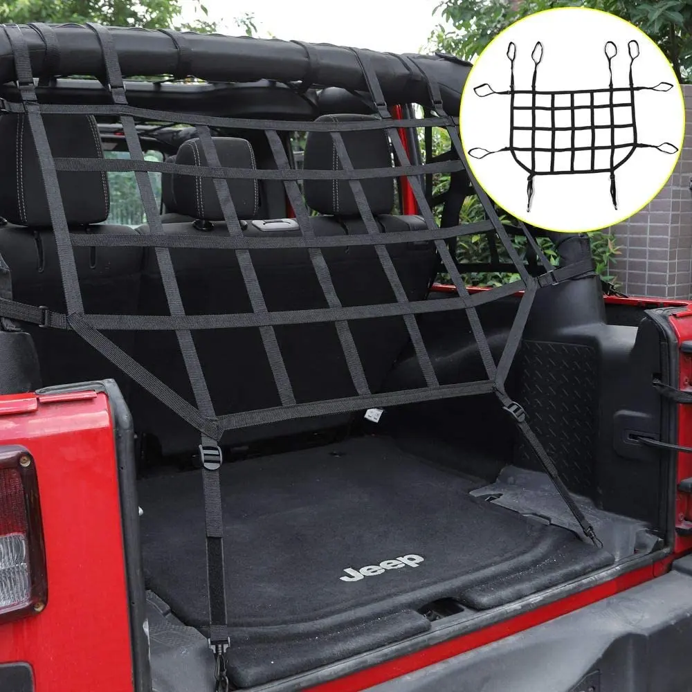 For 2007-2018 Jeep Wrangler JKU 4 Door Mesh Cargo Trunk Side Back Net Restraint Protective Roof Top Baggage Black - Image 3