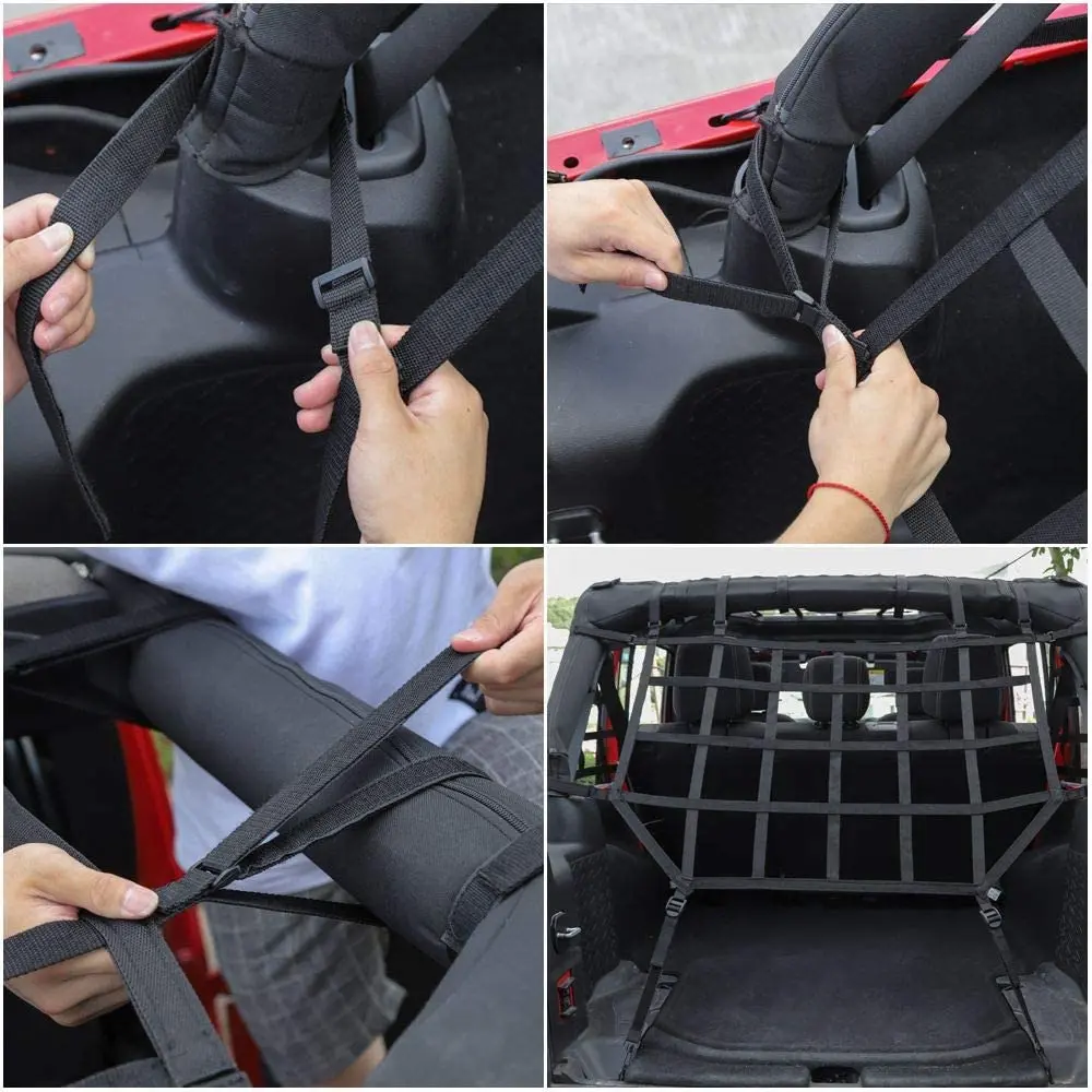 For 2007-2018 Jeep Wrangler JKU 4 Door Mesh Cargo Trunk Side Back Net Restraint Protective Roof Top Baggage Black - Image 4