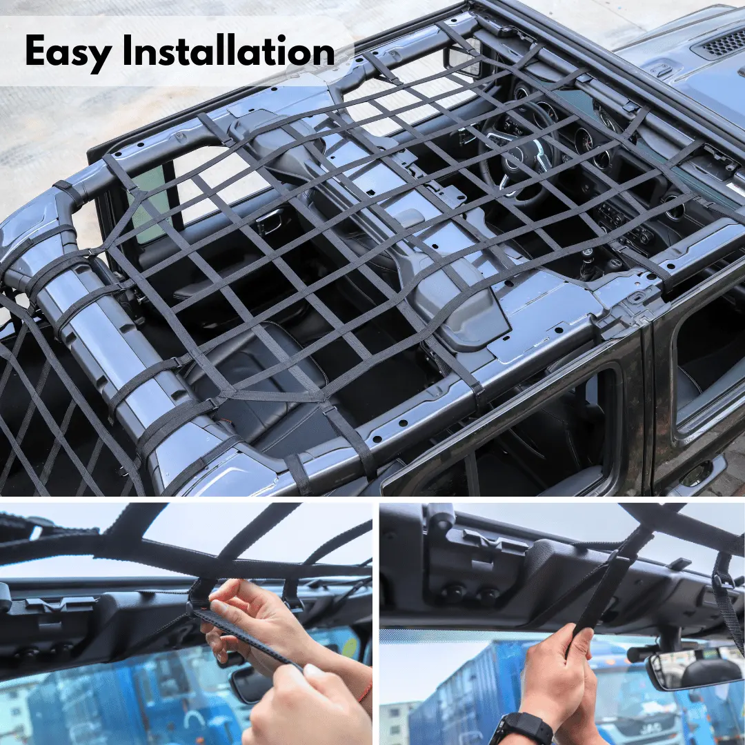 For 2018+ Jeep Wrangler JLU 4 Door Mesh Roof Top Net Restraint Protective Cargo Net Trunk Net 4 pcs - Image 3