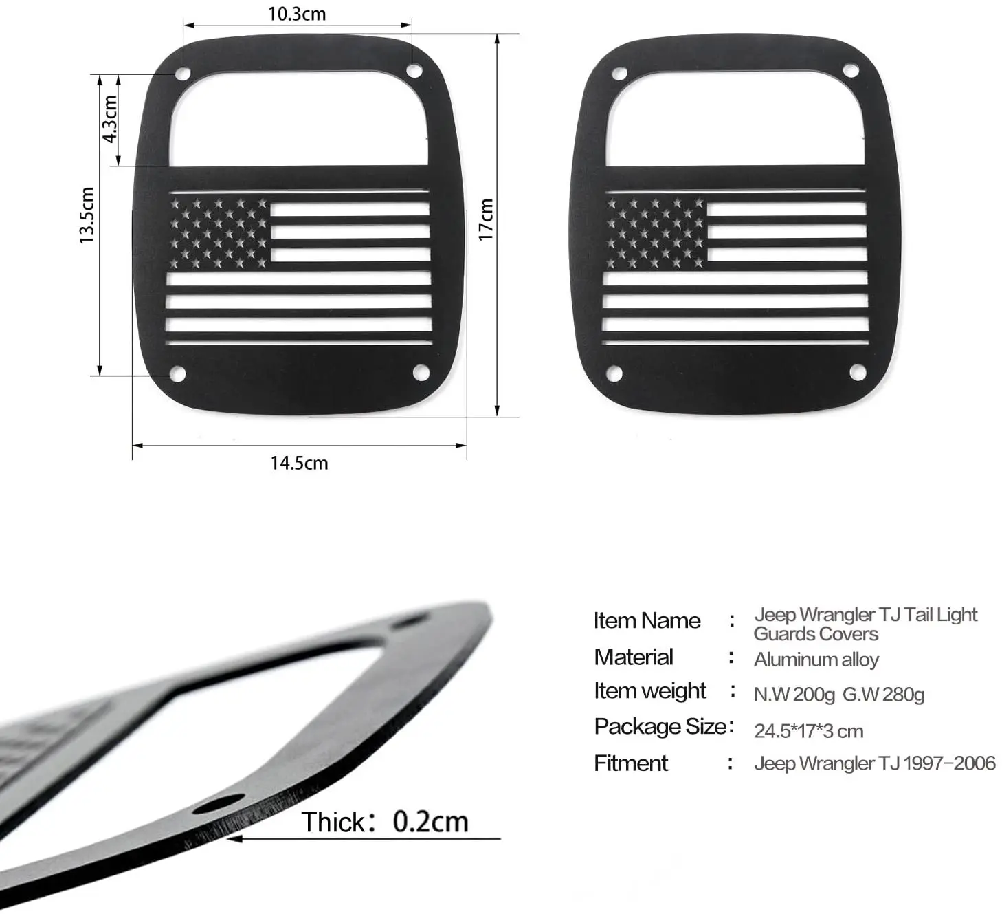 For 1996-2006 Jeep Wrangler TJ Metal Rear Taillights Guards (US Flag) - Image 3