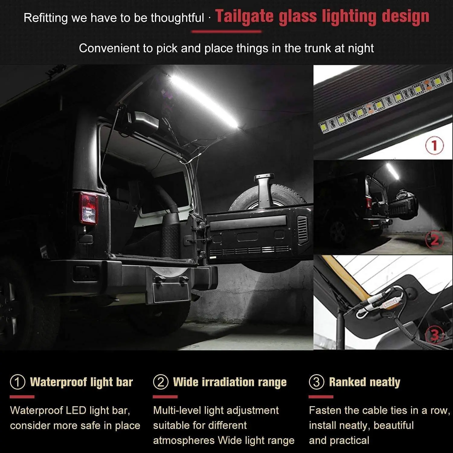 For Jeep Wrangler TJ JK JKU JL JLU Tailgate Glass Lift Door LED Light Bar - Image 3