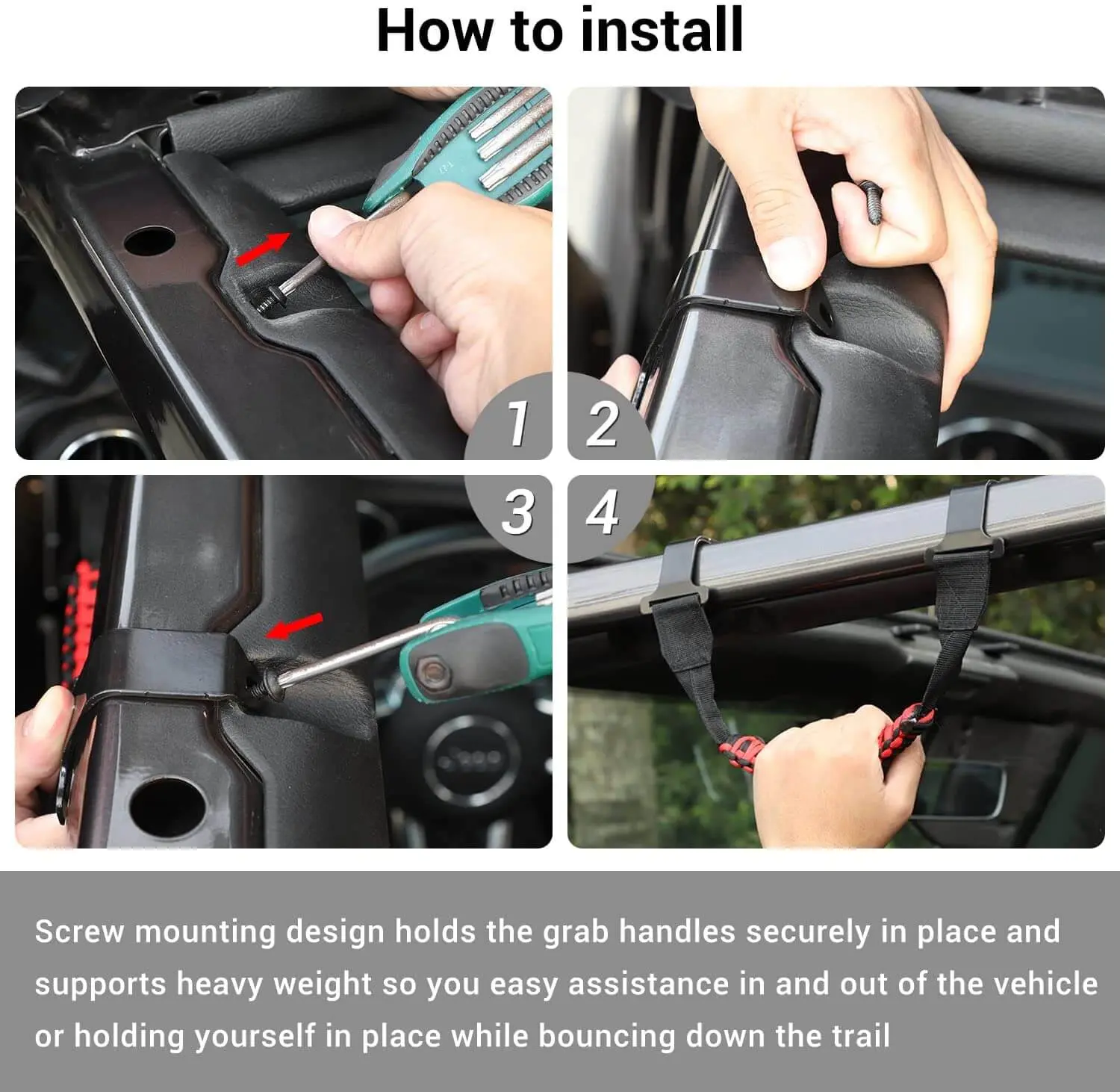 For 2018+ Jeep Wrangler JL & Gladiator JT Roll Bar Front and Rear Steel Paracord Grab Handles - Image 3