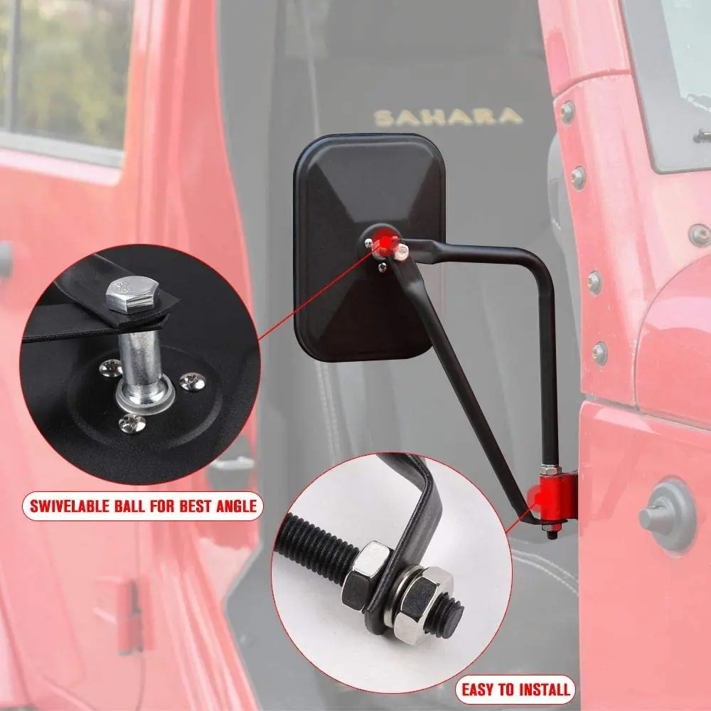 For Jeep Wrangler CJ YJ TJ JK JL & JT Side Mirrors Square Doorless Rear View Quick Release Mirrors Textured - Image 7
