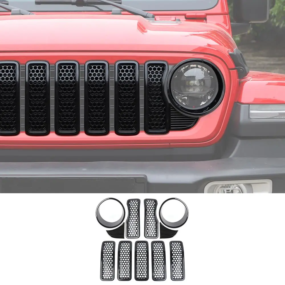 For 2024+ Jeep Wrangler JL/Gladiator JT Upgrade Front Honeycomb Mesh Grille+Front Headlight Bezels+Center Mesh Trim Piece