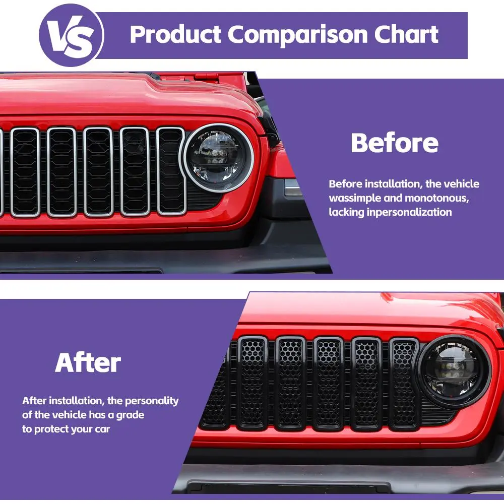 For 2024+ Jeep Wrangler JL/Gladiator JT Upgrade Front Honeycomb Mesh Grille+Front Headlight Bezels+Center Mesh Trim Piece - Image 2