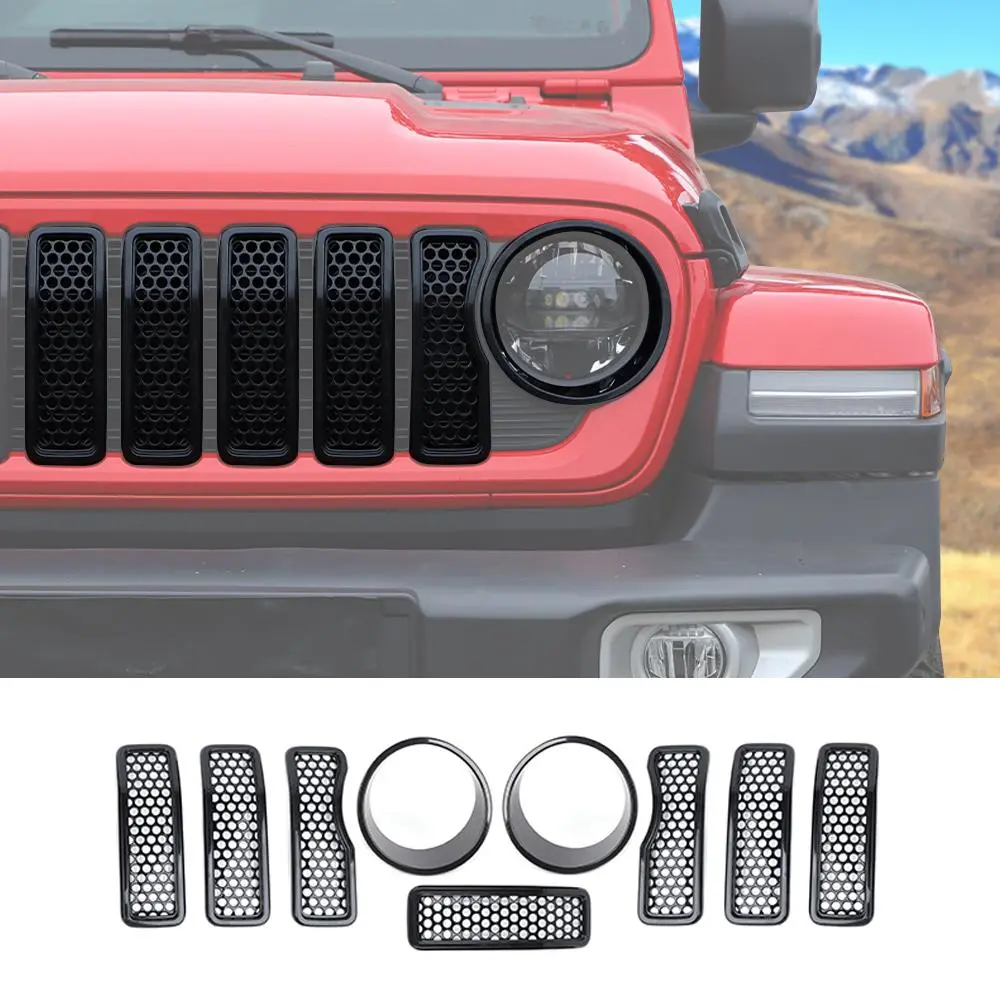 For 2024+ Jeep Wrangler JL/ Gladiator JT Upgrade Front Honeycomb Mesh Grille+Front Headlight Bezels Trim