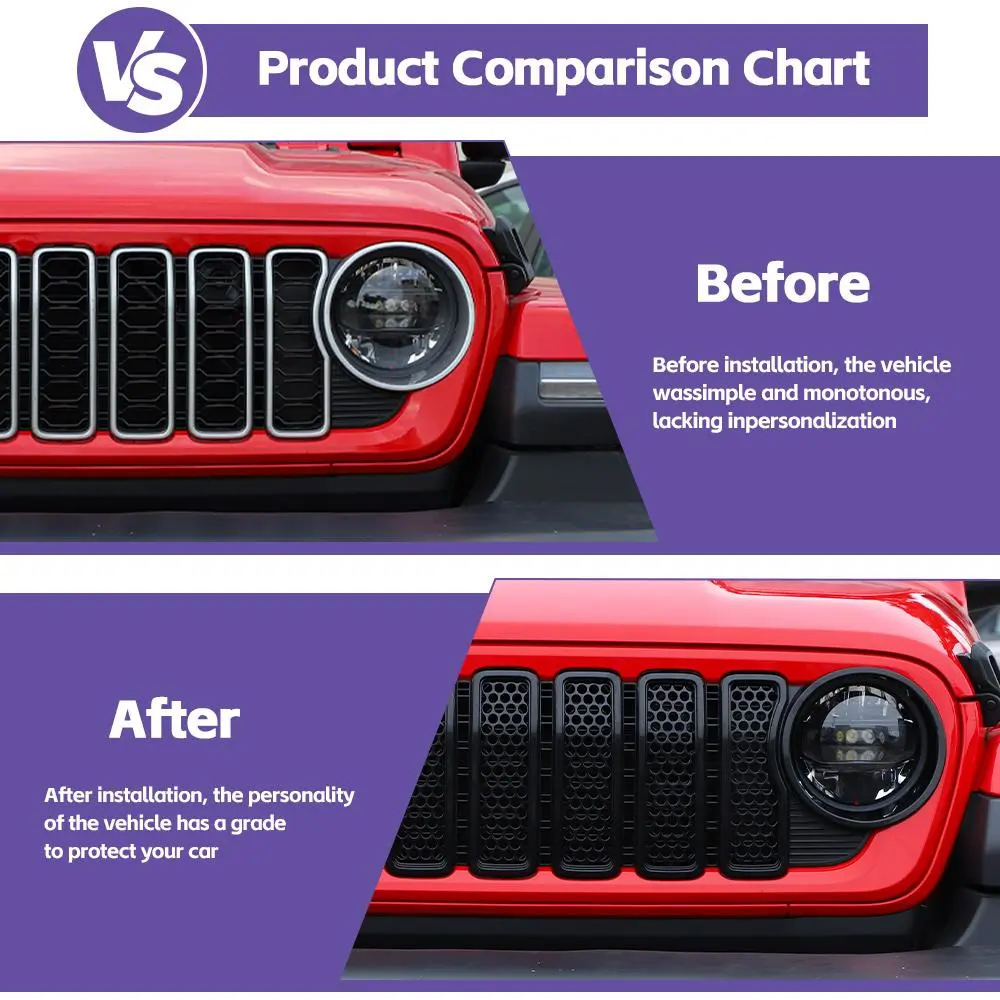 For 2024+ Jeep Wrangler JL/ Gladiator JT Upgrade Front Honeycomb Mesh Grille+Front Headlight Bezels Trim - Image 2