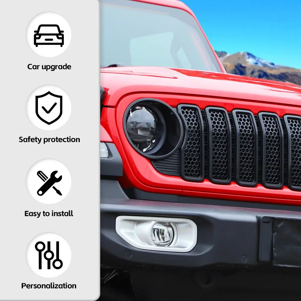 For 2024+ Jeep Wrangler JL/ Gladiator JT Upgrade Front Honeycomb Mesh Grille+Front Headlight Bezels Trim - Image 8