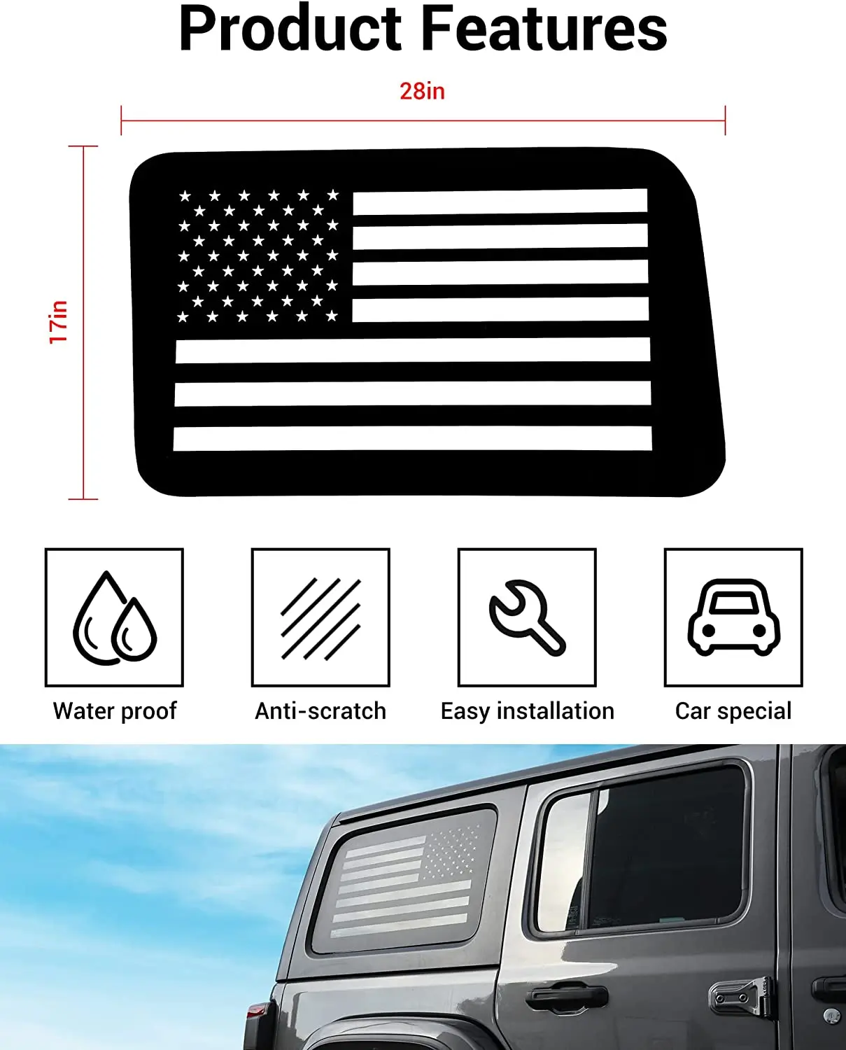 For 2018+ Jeep Wrangler JLU 4 Door Rear Window Decal Vinyl Sticker, American Flag - Image 7