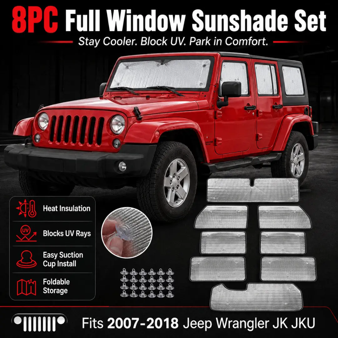 For 2007-2018 Jeep Wrangler JK JKU 4-Door, 8PCs Heat Insulation Windshield Full Window Sunshade Sunscreen Visor