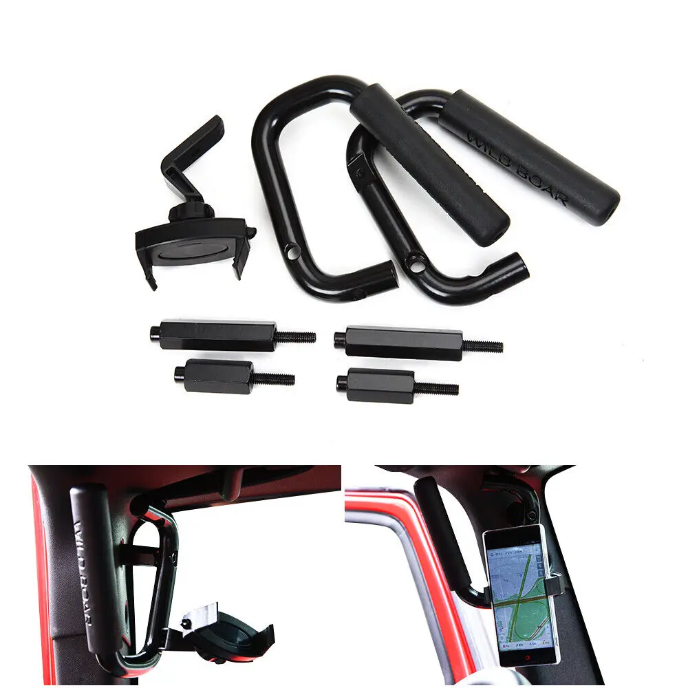 For 2007-2018 Jeep Wrangler JK Front Top Grab Handles Solid Grip With Phone Holder - Image 2